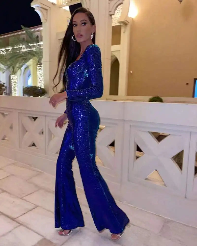 Sexy Long Sleeve Sequin With Belt Wide Leg  Jumpsuit