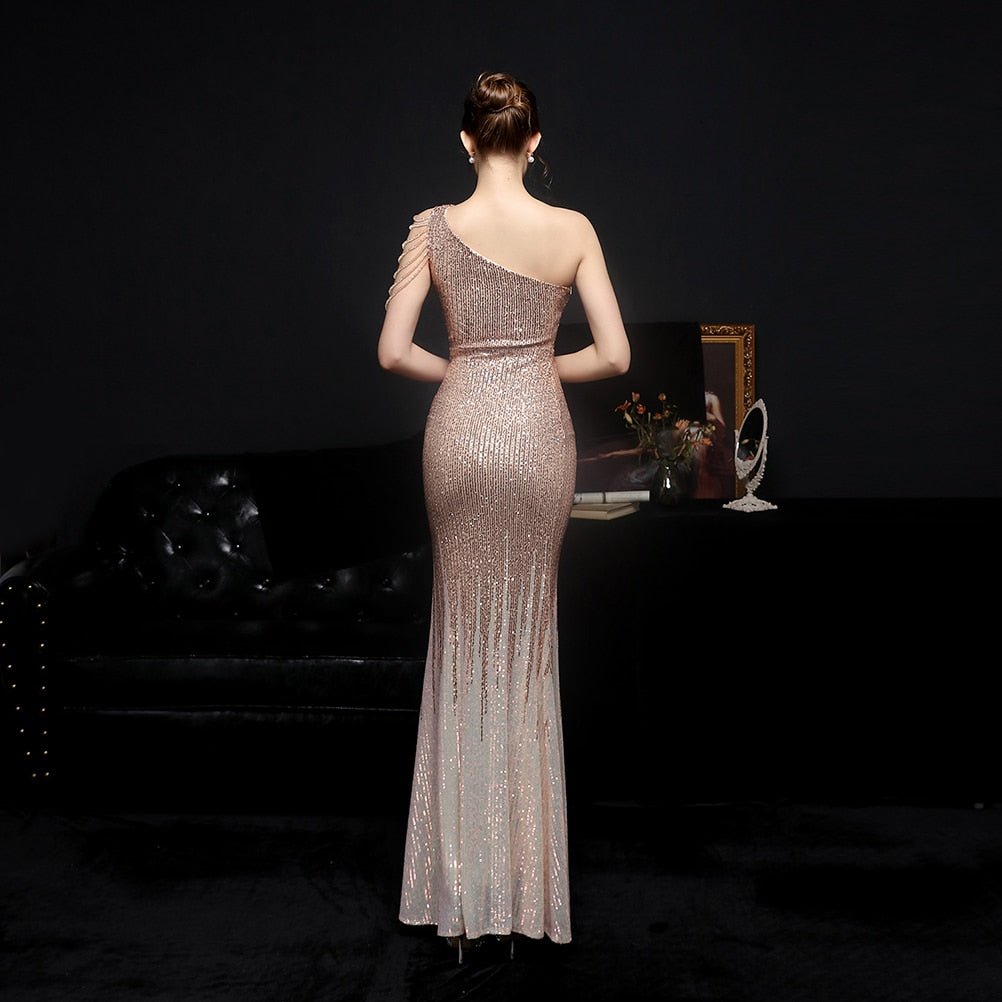 Adorable One Shoulder Split Long Sequins Dress - Lively & Luxury