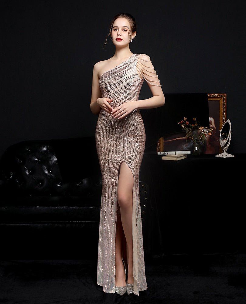 Adorable One Shoulder Split Long Sequins Dress - Lively & Luxury