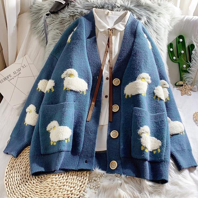 Awesome Knitted Cardigan Loose Cute Cartoon Print V Neck With