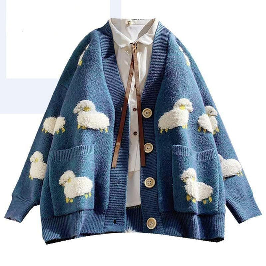 Awesome Knitted Cardigan Loose Cute Cartoon Print V Neck With Pockets - Lively & Luxury