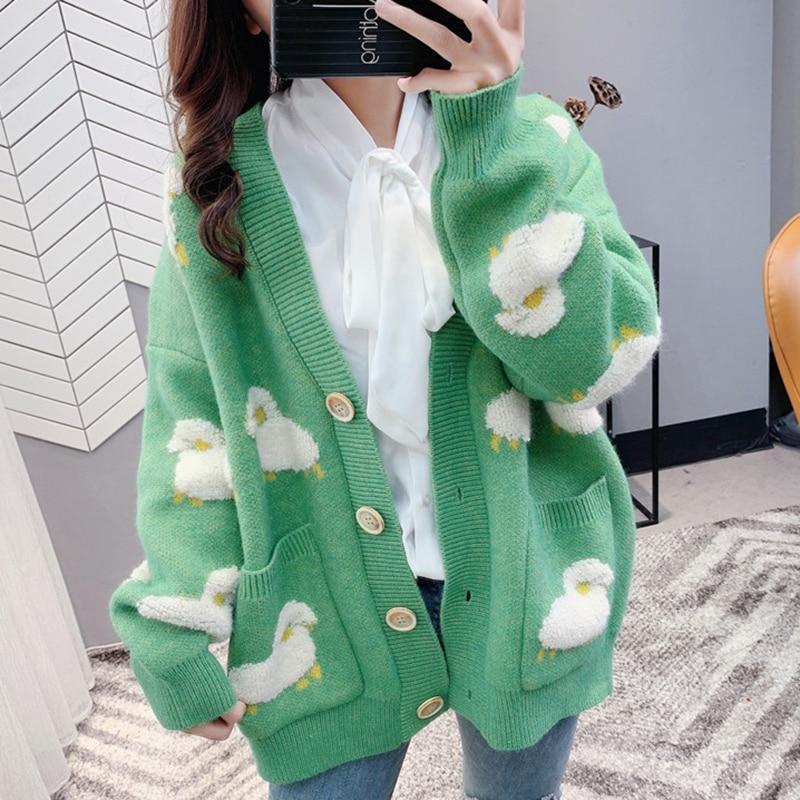 Awesome Knitted Cardigan Loose Cute Cartoon Print V Neck With Pockets - Lively & Luxury
