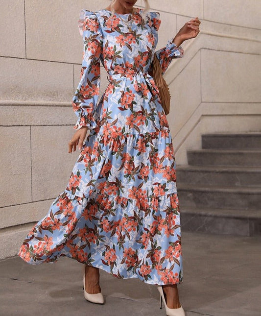 Butterfly Sleeve Floral Print O-Neck Belted Dress - Lively & Luxury