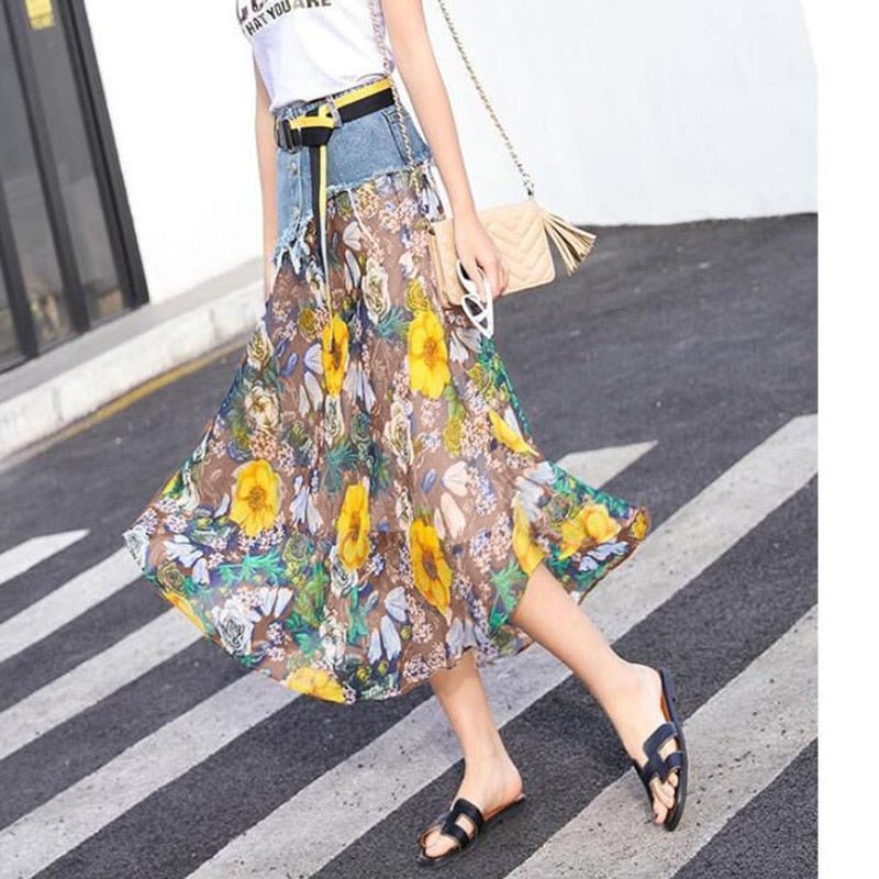 Casual Denim Patchwork Chiffon Skirt - Lively & Luxury