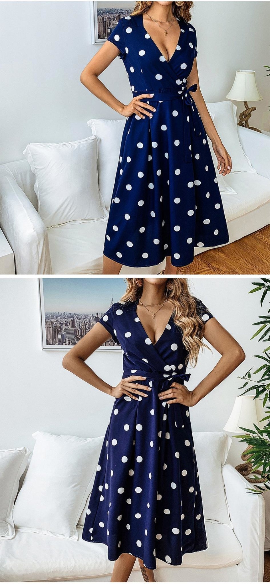 Casual Polka Dot Print A-Line Sexy V-neck Short Sleeve Dress - Lively & Luxury