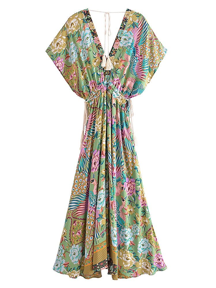 Chic Cotton Peacock Floral Print Bat Sleeve Dress - Lively & Luxury
