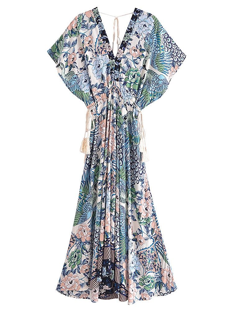 Chic Cotton Peacock Floral Print Bat Sleeve Dress - Lively & Luxury