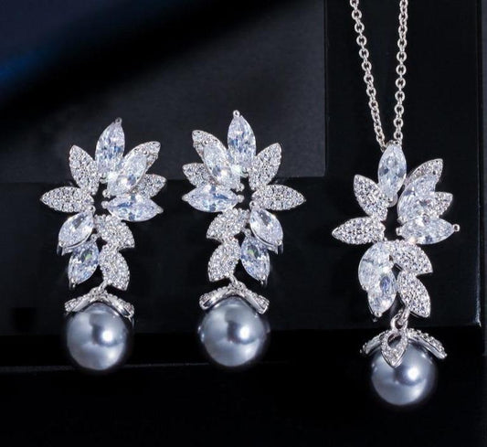 Chic Gorgeous Cubic Zirconia Flower Silver Color Gray Pearl Necklace Earrings Jewelry Set - Lively & Luxury