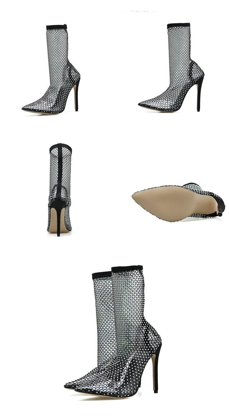 Crystal Rhinestone Mesh Stretch Fabric Sock High Heels Boots - Lively & Luxury