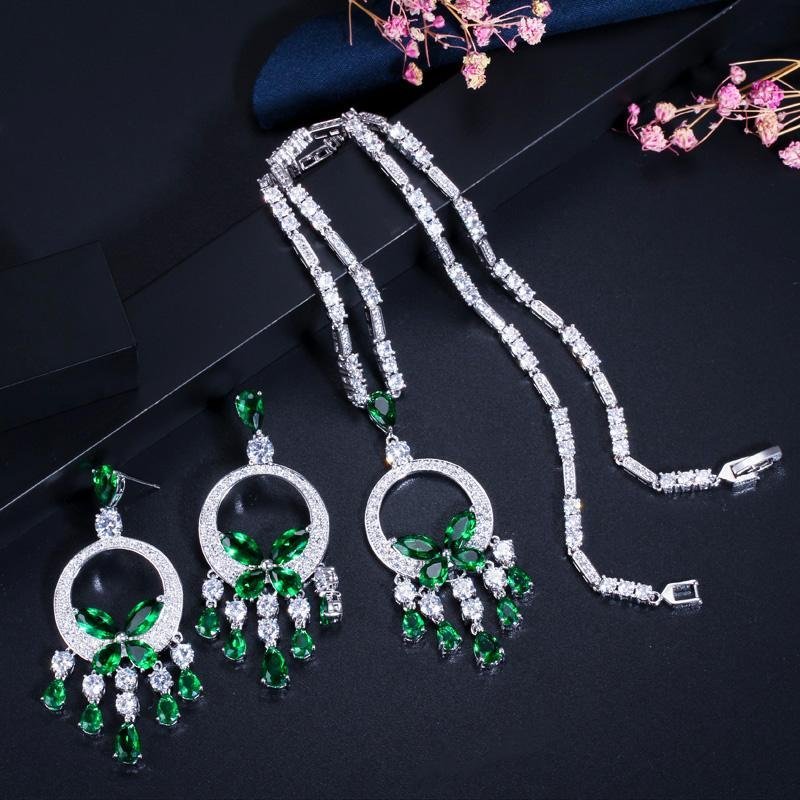 Cubic Zirconia Stone Tassel Drop Big Necklace and Earrings - Lively & Luxury