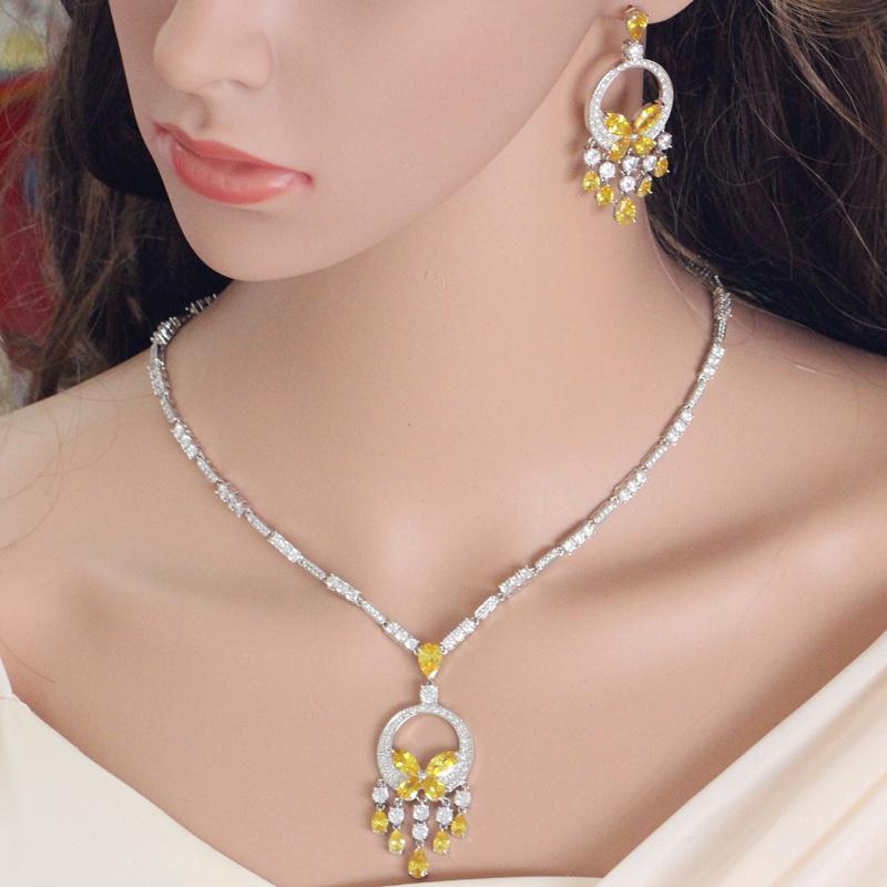 Cubic Zirconia Stone Tassel Drop Big Necklace and Earrings - Lively & Luxury