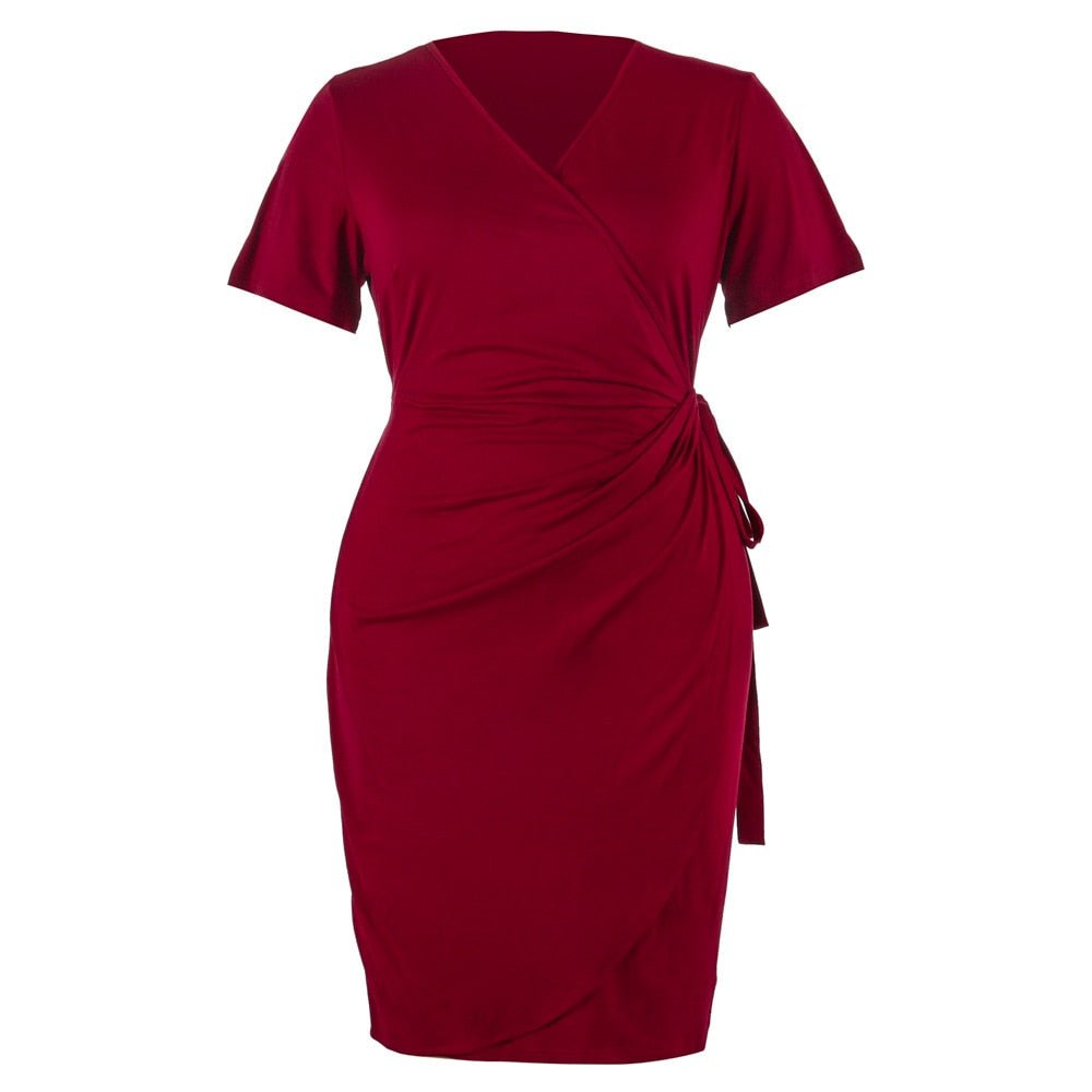 Elegant Wrap V-Neck Solid Lacing Pleated Plus Size Dress - Lively & Luxury
