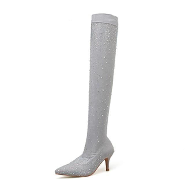 Exotic Runway Crystal Stretch Fabric Sock Boot Over-the-Knee High Heels - Lively & Luxury