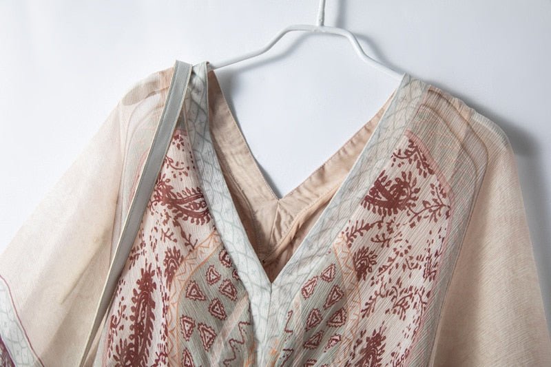 Fancy Silk Floral Printing V-Neck Raglan Sleeve Midi Dress - Lively & Luxury