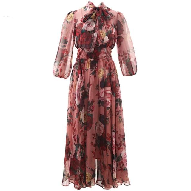 Fashion Designer Runway Bow collar Rose Floral-Print Elegant Chiffon Dress - Lively & Luxury