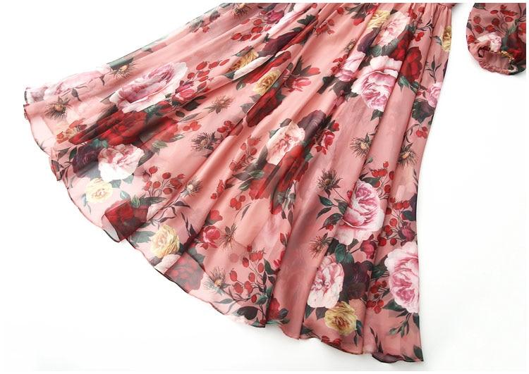Fashion Designer Runway Bow collar Rose Floral-Print Elegant Chiffon Dress - Lively & Luxury