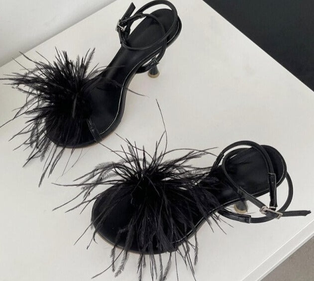 Feather Spray Flowers Thin High Heels Sandals - Lively & Luxury