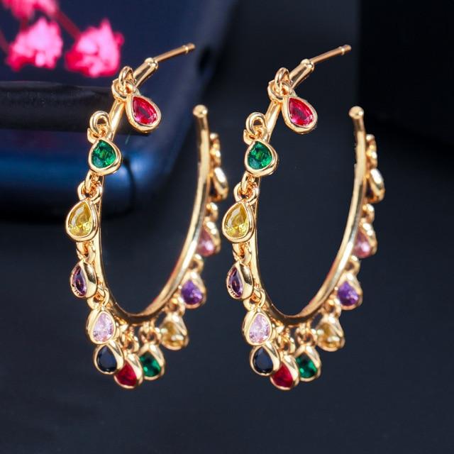 Gold Color CZ Round Charms Hoop Earrings - Lively & Luxury