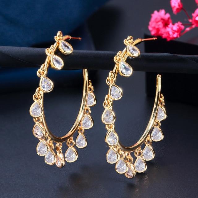Gold Color CZ Round Charms Hoop Earrings - Lively & Luxury