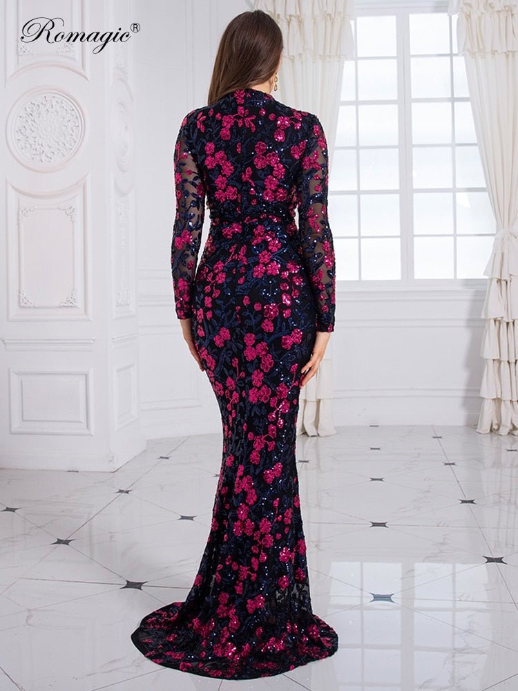 High Neck Full Sleeve Luxury Sequin Flowers Party Dress - Lively & Luxury