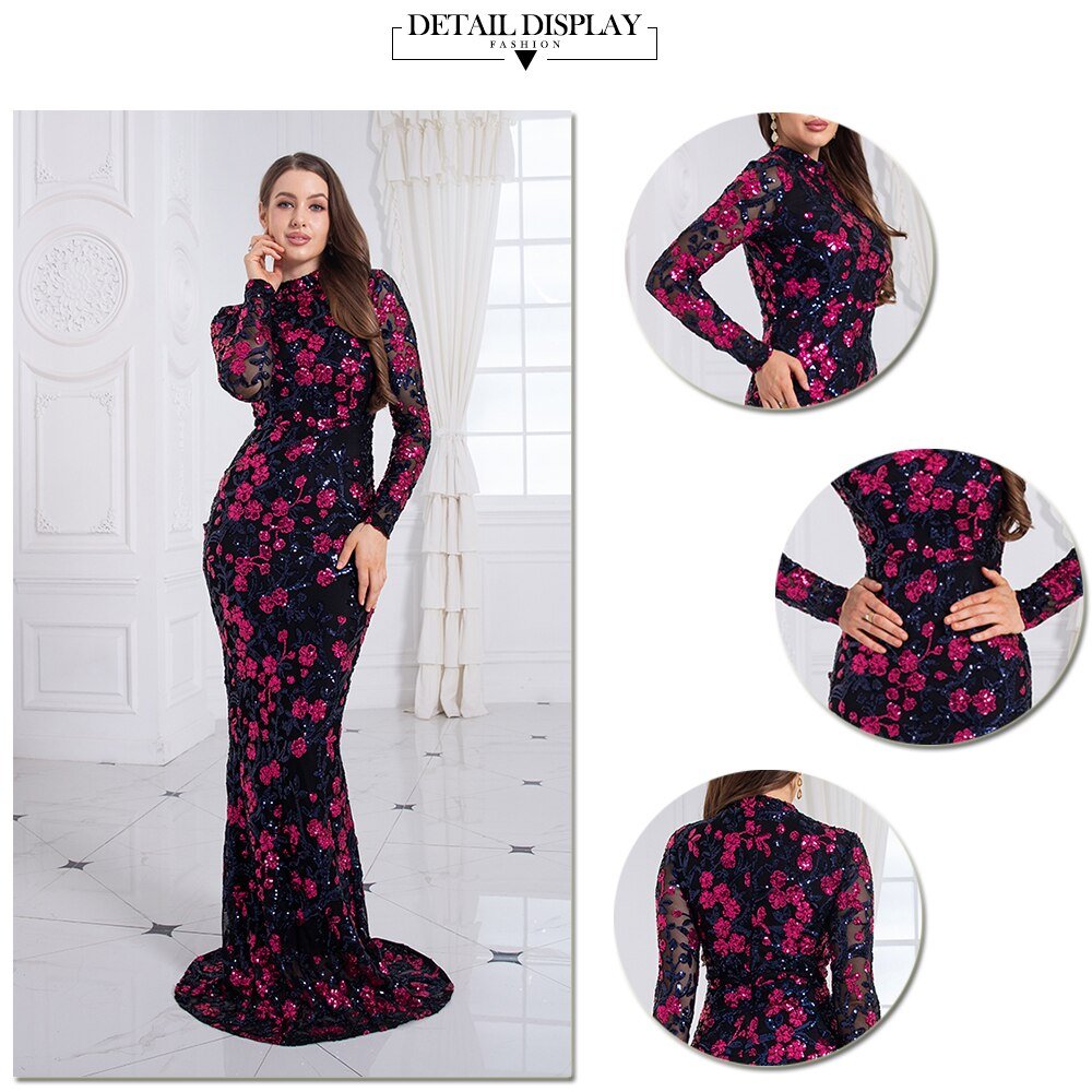High Neck Full Sleeve Luxury Sequin Flowers Party Dress - Lively & Luxury