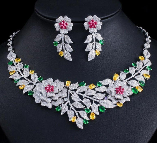 High Quality Cubic Zirconia Big Rose Flower Necklace Earring Luxury Jewelry Set - Lively & Luxury