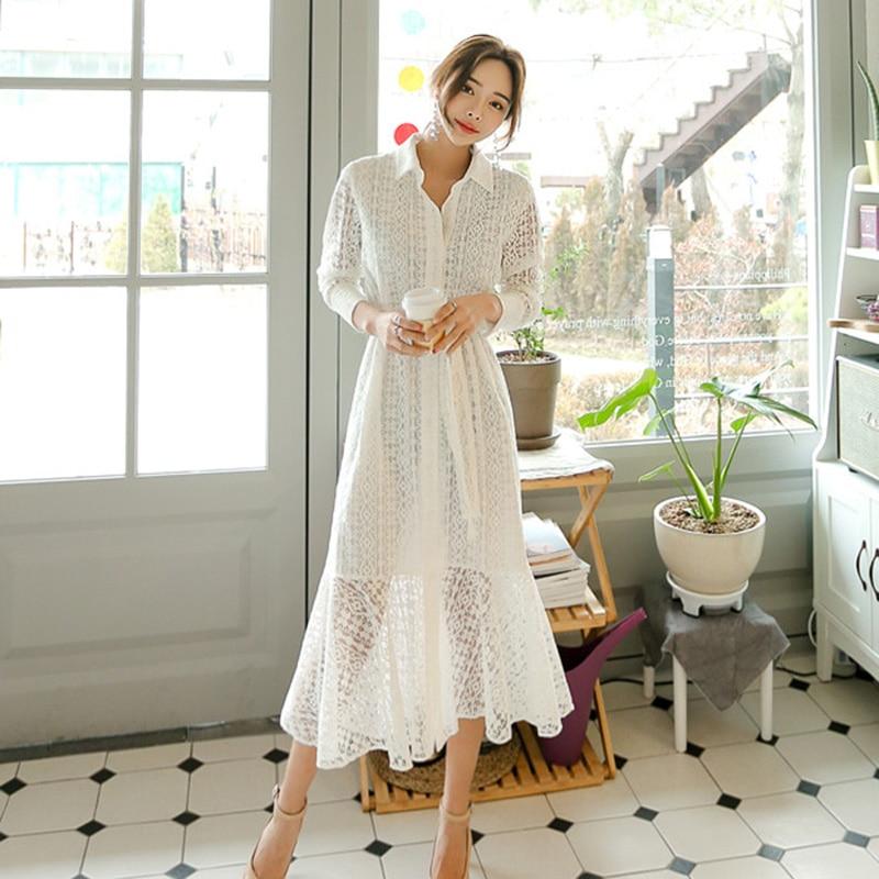 Hollow-out Lace Midi Dress Single Full Sleeve - Lively & Luxury