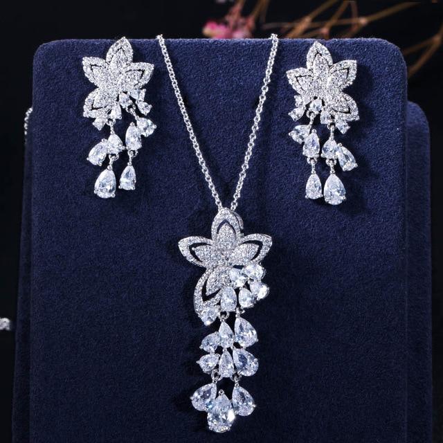 Luxurious Cubic Zirconia Tassel Drop Flower Earrings and Pendant Necklace Jewelry Set - Lively & Luxury