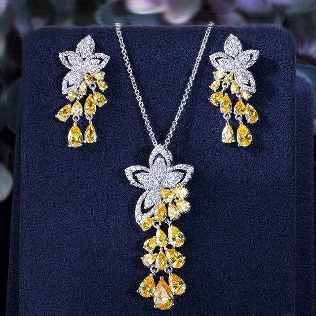 Luxurious Cubic Zirconia Tassel Drop Flower Earrings and Pendant Necklace Jewelry Set - Lively & Luxury