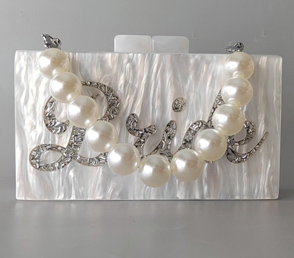 Luxury Pearl White With Glitter Bride Letters Acrylic Box Clutch - Lively & Luxury