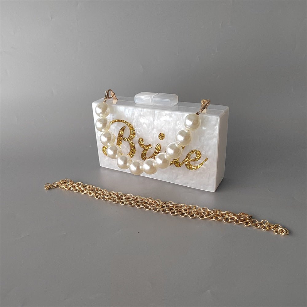 Luxury Pearl White With Glitter Bride Letters Acrylic Box Clutch - Lively & Luxury