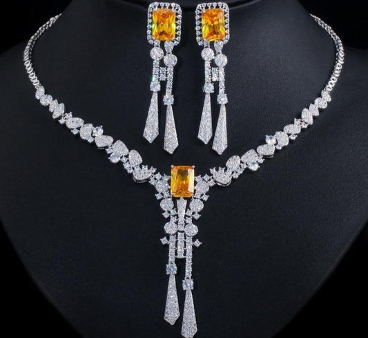 Luxury Yellow CZ Stone Drop Long Tassel Earrings Necklace Jewelry Set - Lively & Luxury