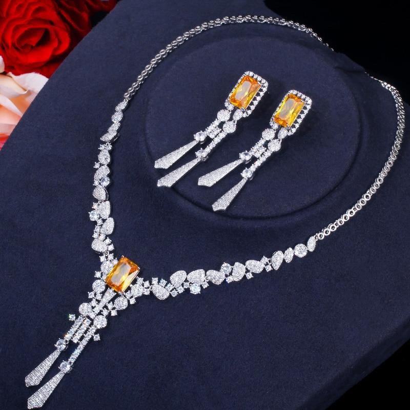 Luxury Yellow CZ Stone Drop Long Tassel Earrings Necklace Jewelry Set - Lively & Luxury