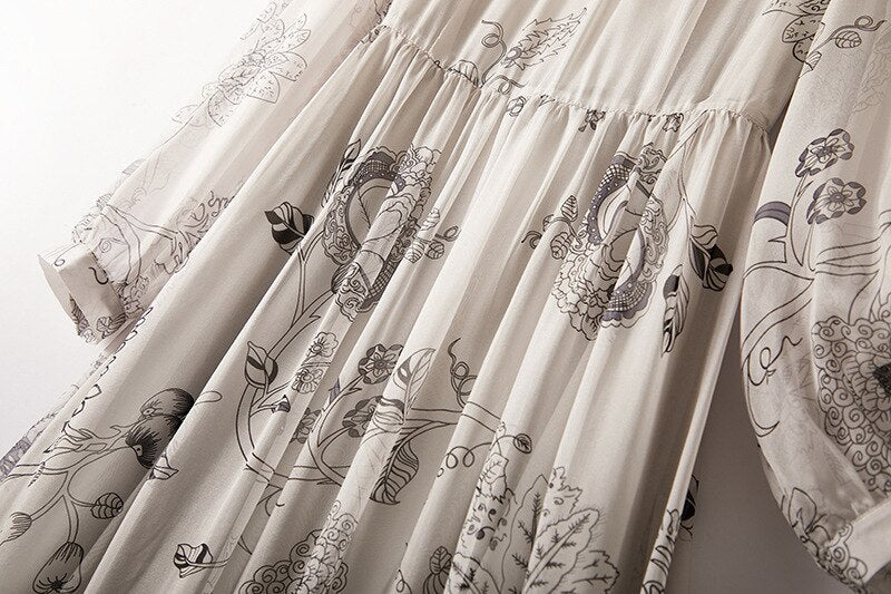 Natural Silk Printing Elastic Waist Dress - Lively & Luxury