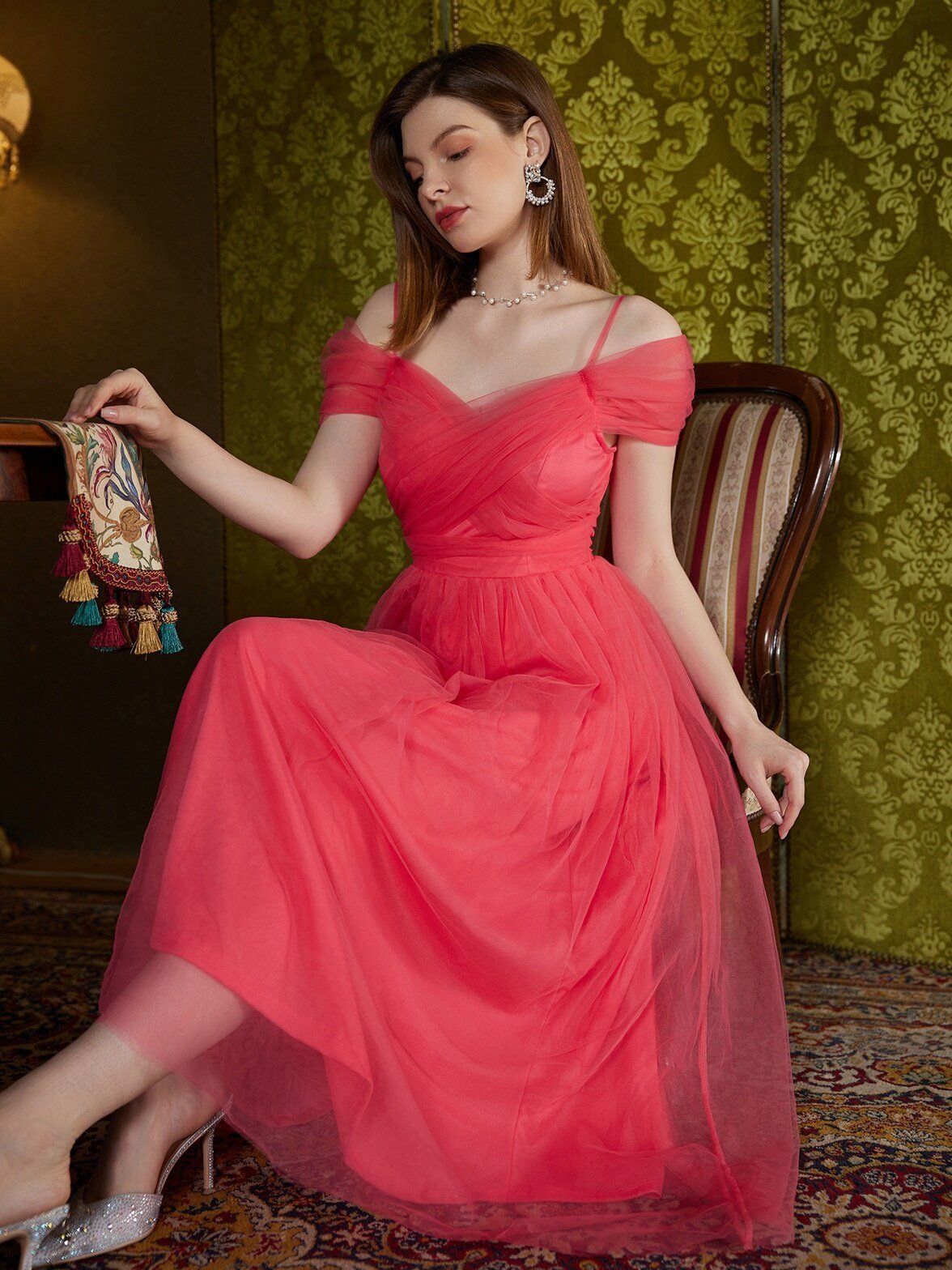 Off-Shoulder Mesh Lace-Up Tea-Length Dress - Lively & Luxury