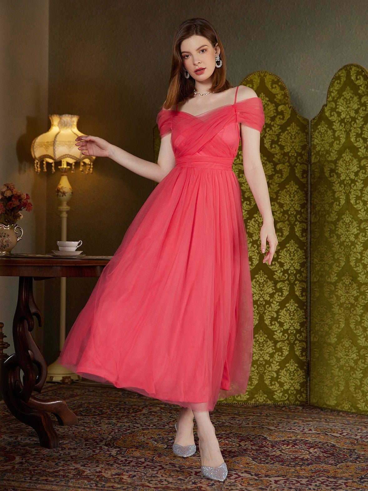 Off-Shoulder Mesh Lace-Up Tea-Length Dress - Lively & Luxury