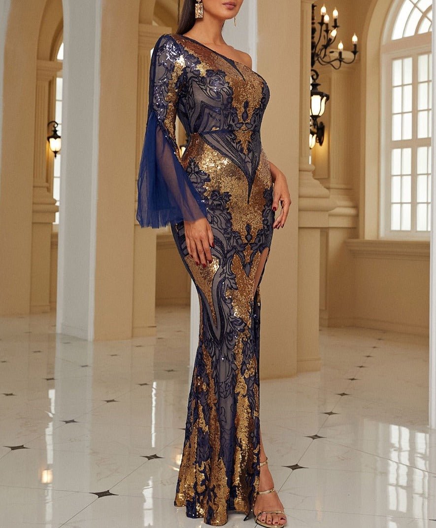 One Shoulder Split Thigh Sequins Dress - Lively & Luxury