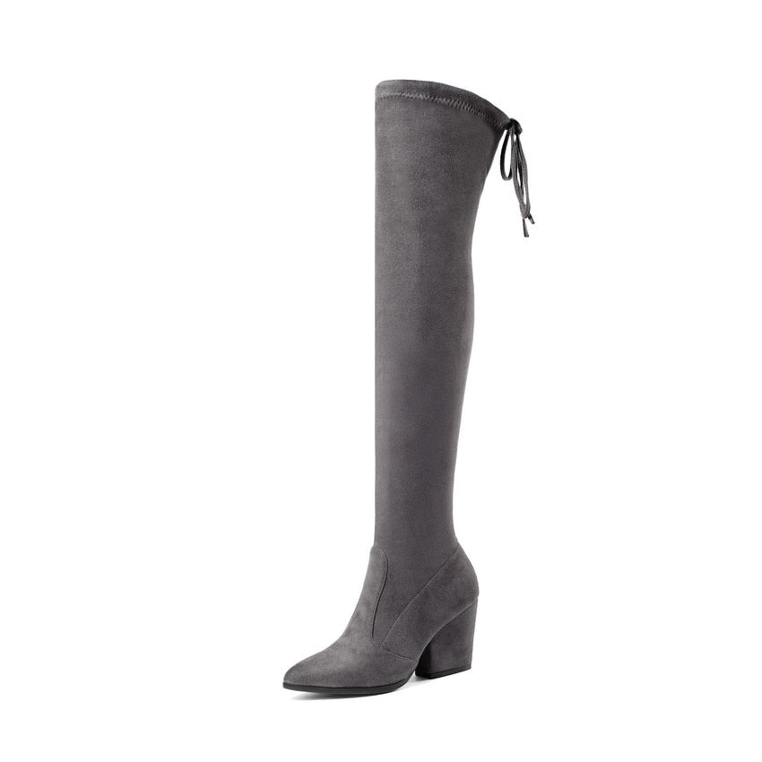 Over The Knee Pointed Toe Flock Boots - Lively & Luxury