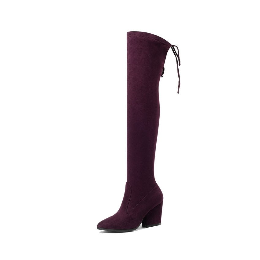 Over The Knee Pointed Toe Flock Boots - Lively & Luxury
