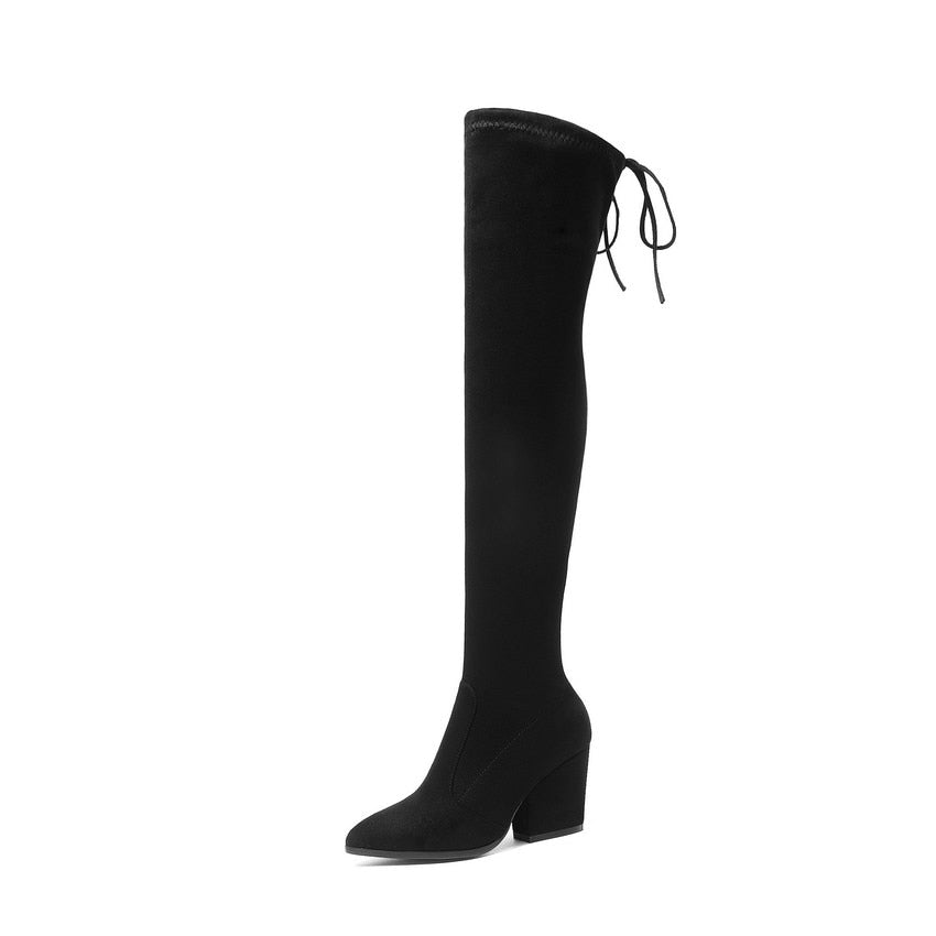 Over The Knee Pointed Toe Flock Boots - Lively & Luxury Women's Fashion & Shoes