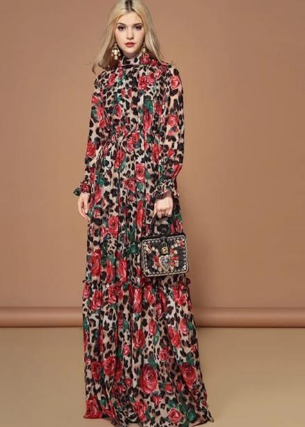 Runway High Quality Plus Size Long Sleeve Maxi Elegant Party Rose Floral Leopard Print Long Dress - Lively & Luxury