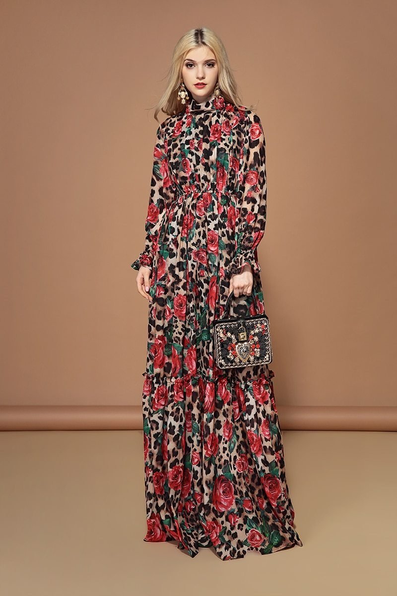 Runway High Quality Plus Size Long Sleeve Maxi Elegant Party Rose Floral Leopard Print Long Dress - Lively & Luxury