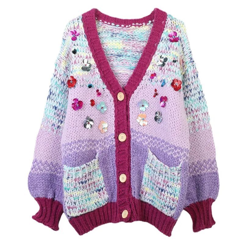 Sequins Loose Hand Knitted Cardigan - Lively & Luxury