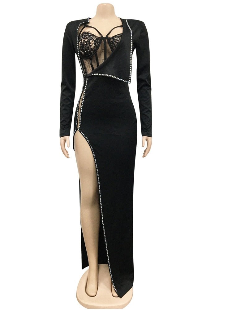 Sexy Bodysuit Rhinestone Sheer Mesh Maxi Dress - Lively & Luxury