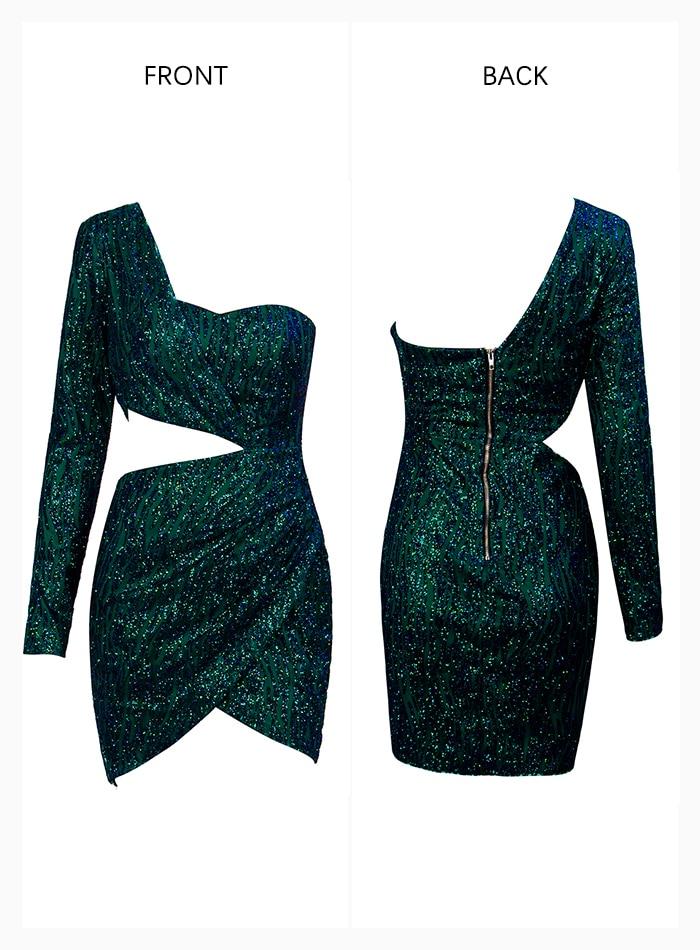 Sexy Cut Out Single Sleeve Glitter Glue Bead Material Bodycon Party Dress - Lively & Luxury