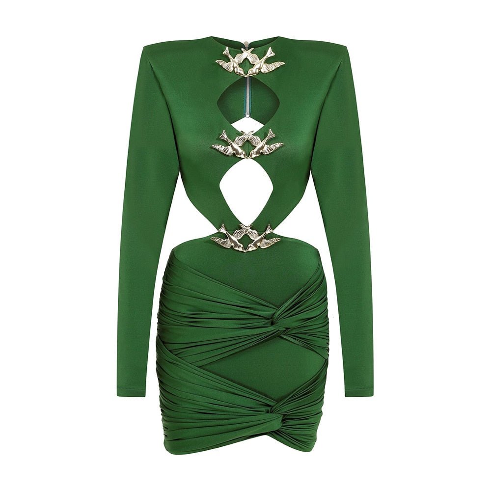 Sexy Green Hollow Pleated Metal Mini Dress - Lively & Luxury