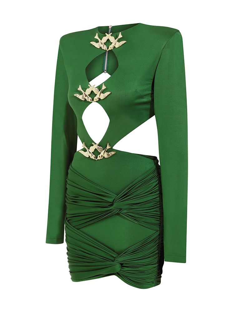 Sexy Green Hollow Pleated Metal Mini Dress - Lively & Luxury