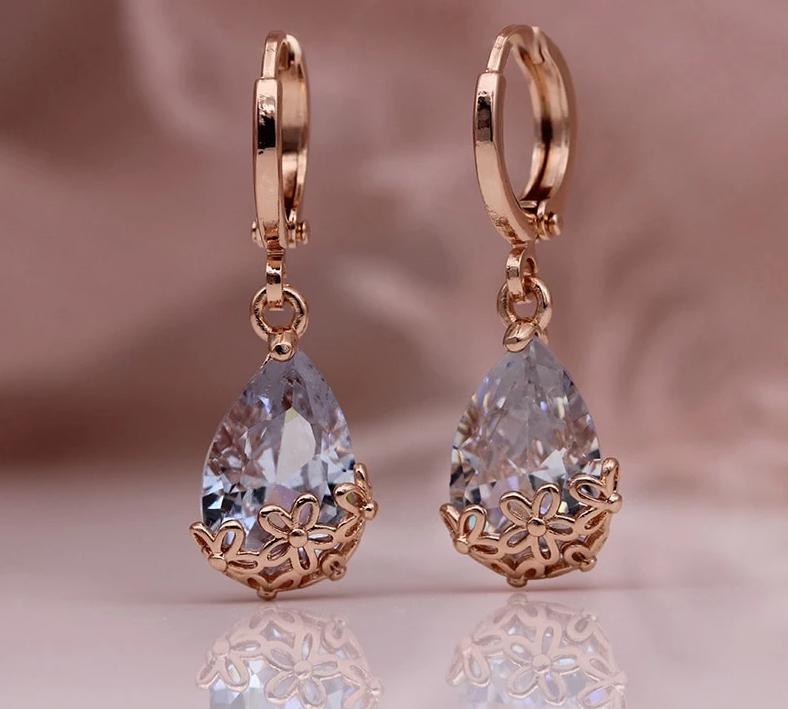 White Water Drop Long Rose Gold Patterned Asymmetry Cute Dangle Earrings - Lively & Luxury